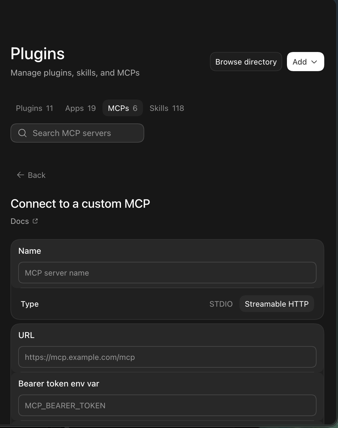 The Connect to a custom MCP form with a Name field, the Type set to Streamable HTTP, and a URL field