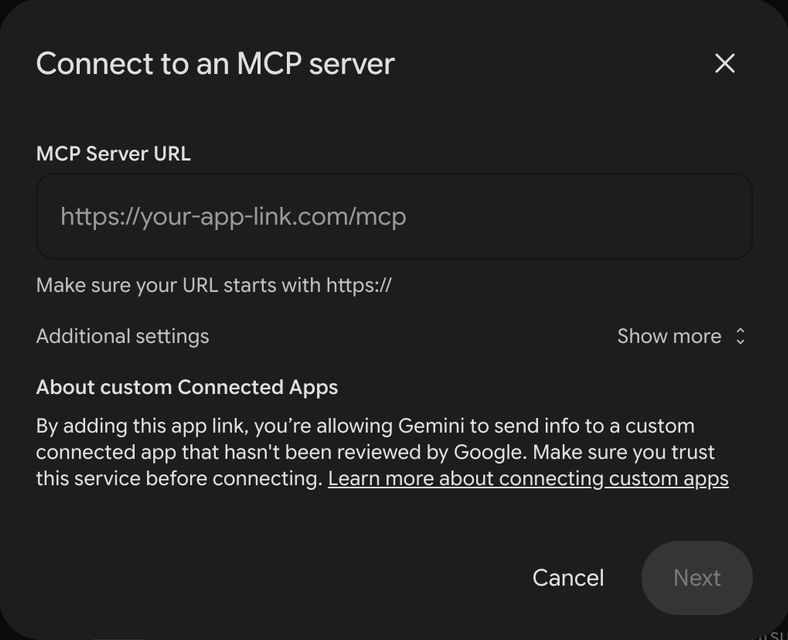 The Connect to an MCP server dialog, asking for an MCP Server URL, with a Next button