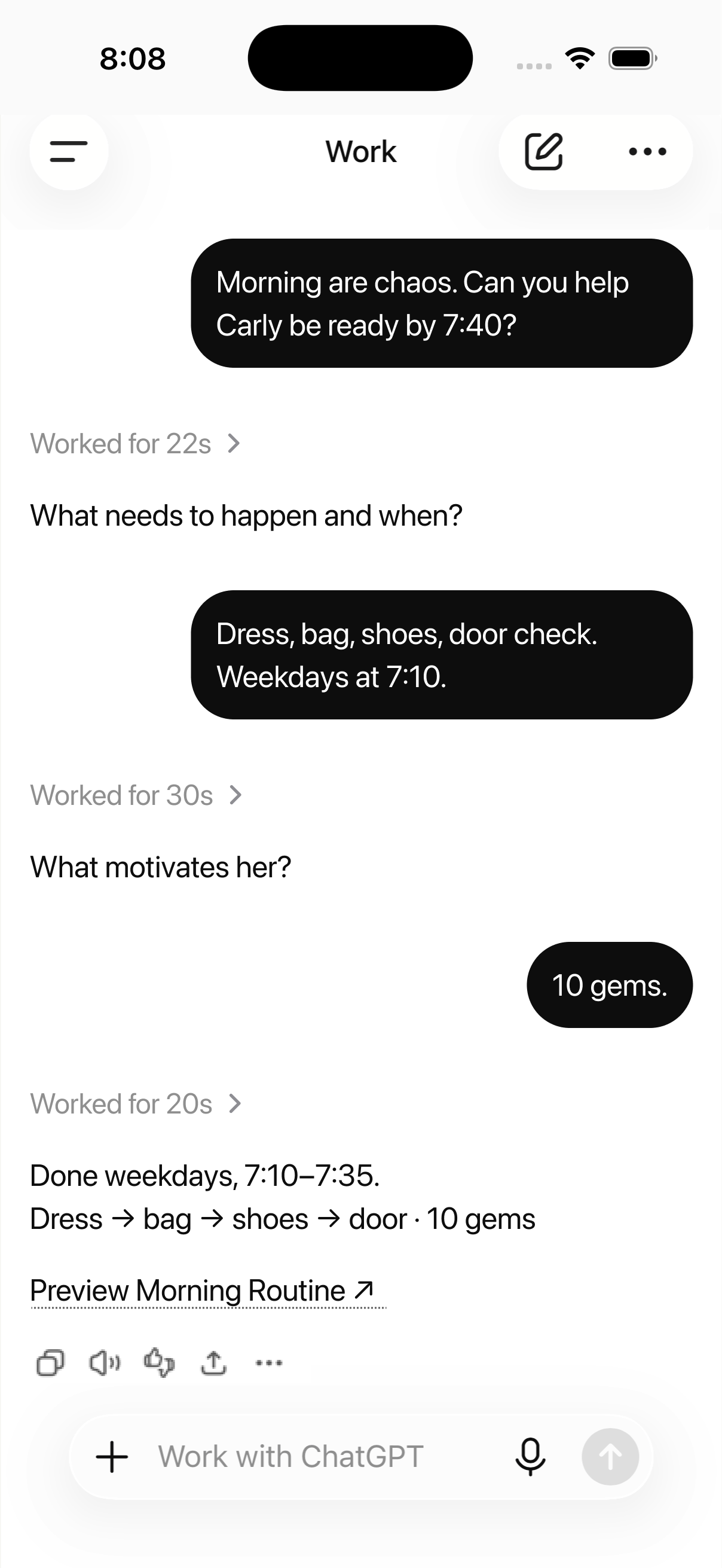 A ChatGPT conversation where a messy morning becomes a clear Sprout routine for Carly