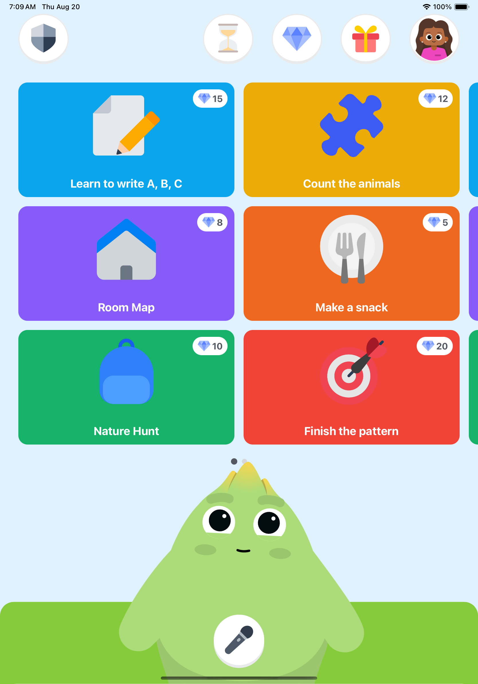 Sprout kid app home where the child completes a task