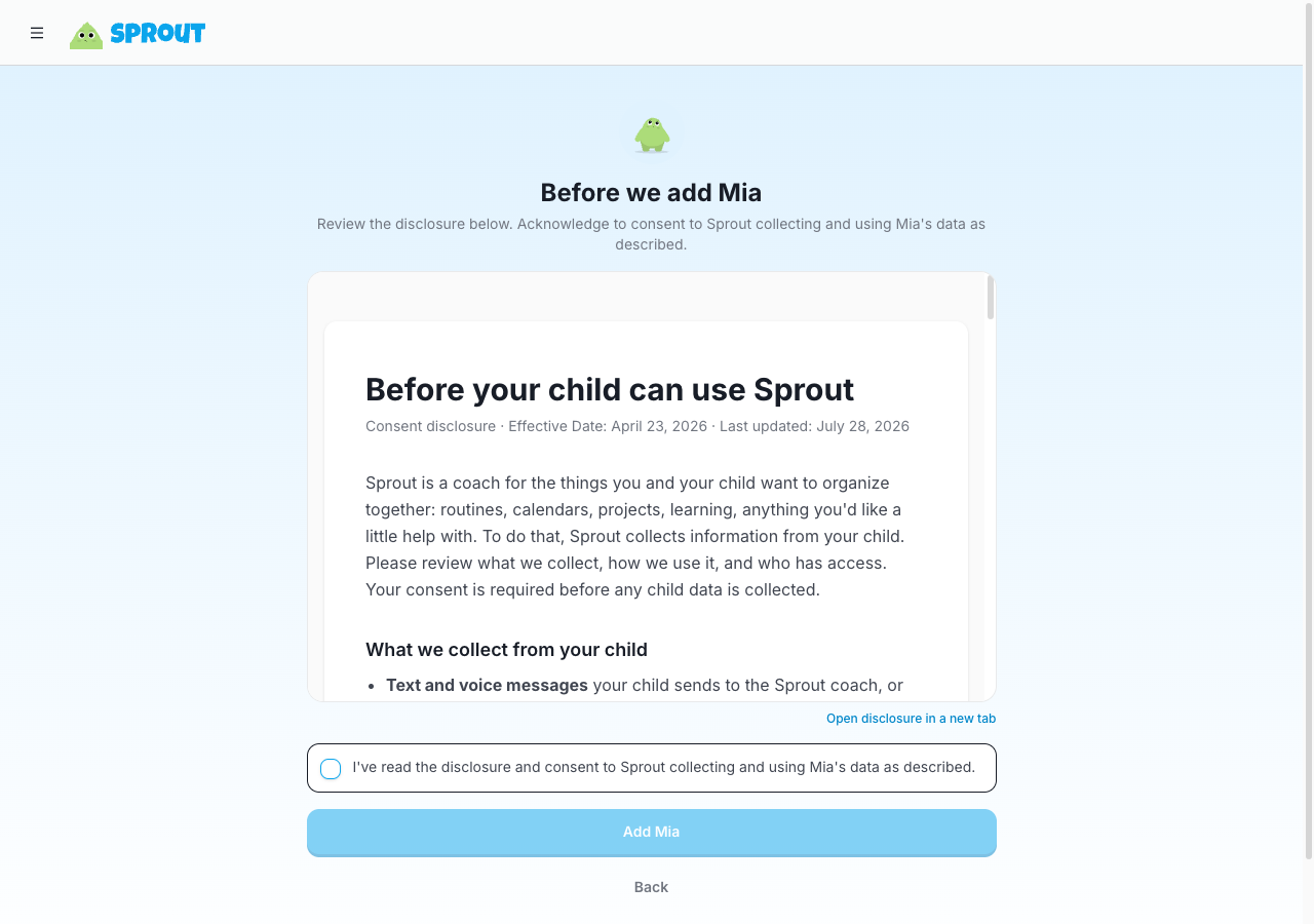 Sprout consent disclosure shown before a child is added