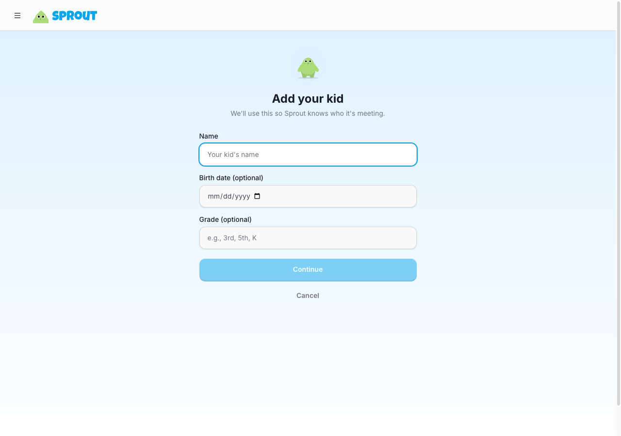Sprout parent app form for adding a kid with name, birth date, and grade