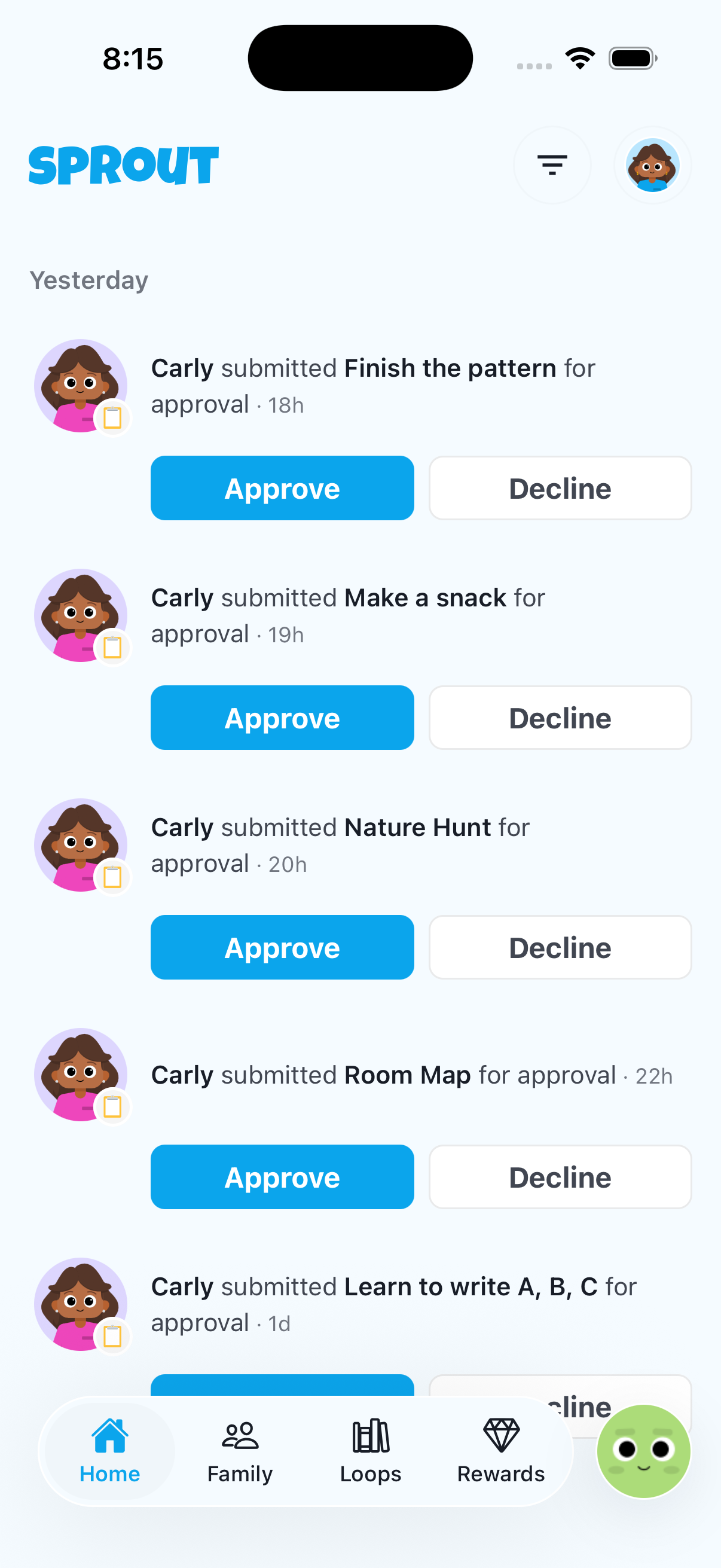 Sprout parent app home with completed tasks waiting for approval