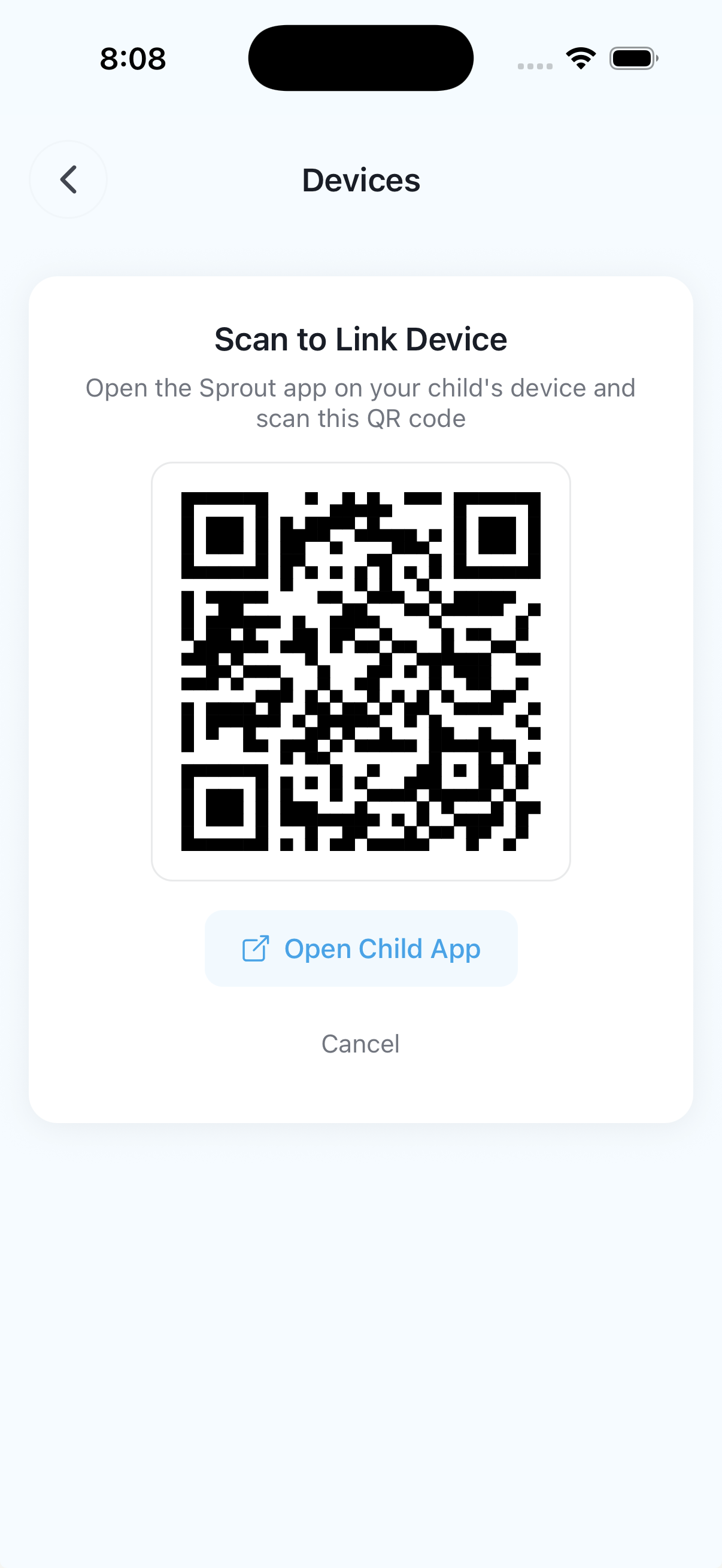 Sprout parent app showing the device pairing code