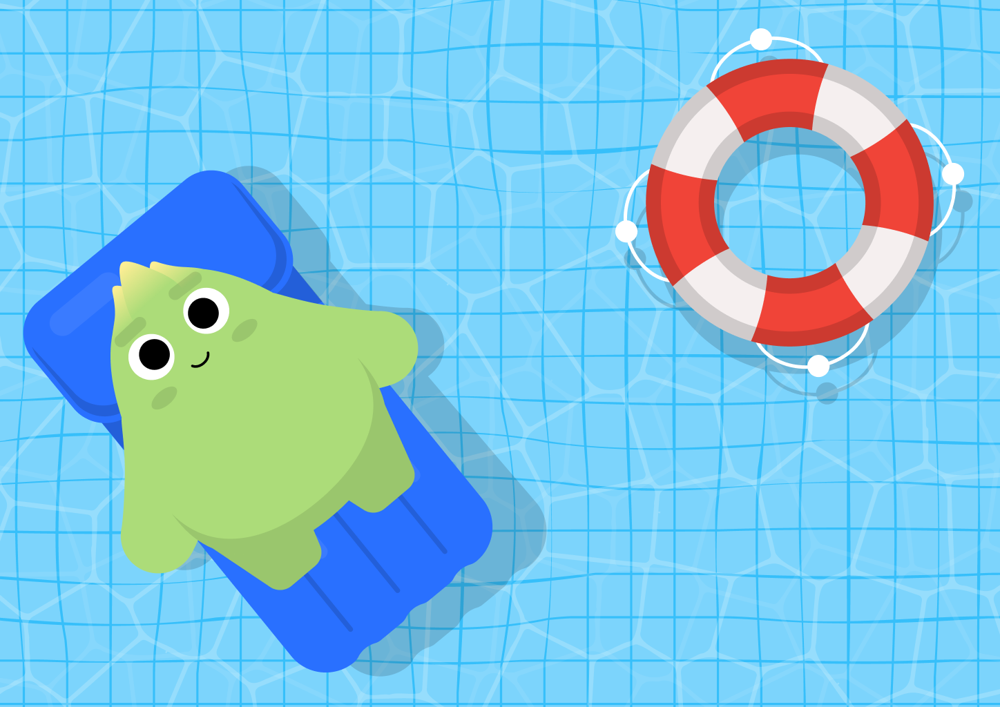 Sprout floating on a pool raft next to a lifebuoy